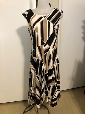 Ann Taylor Geometric Stripe Maxi Dress in Black, Beige & Cream